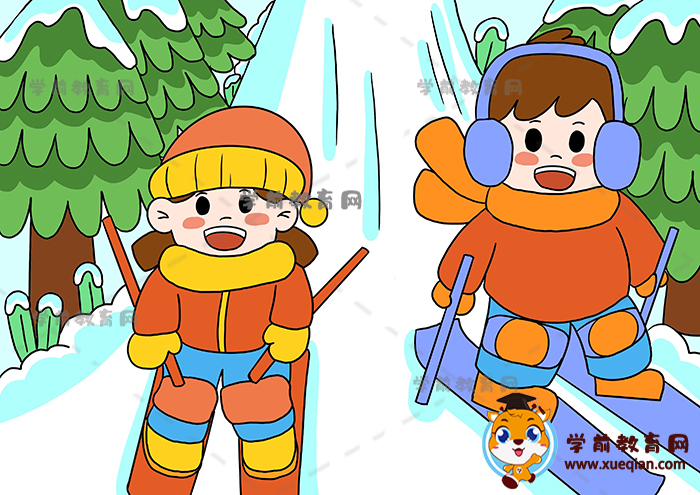 小学生冬天儿童画简单模板教程，有创意的冬天滑雪绘画图片大全